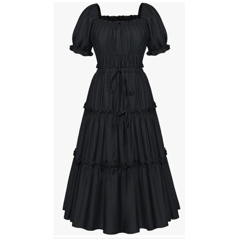 Scarlett Darkness L Black Tiered Puff Sleeve Ren Faire Festival Midi Dress